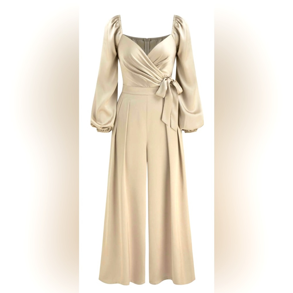 V-NECK SOLID WRAP PLEATED KNOTTED WIDE LEG JUMPSUIT